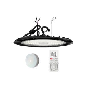 hylele ufo led high bay light 150w-120w-100w adjustable commercial bay lighting 24000lm 6000k/5000k/4000k 0-10v dimmable, motion sensor & remote control