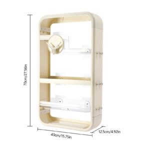 HOLMZCED Wall Storage Rack with Open Storage, Floating Cosmetics Rack with Large Capacity Wall Mounted Storage Shelf with Tissue Hole 4 Tiers Makeup Organizer with Hooks Beige for Bathroom Bedroom