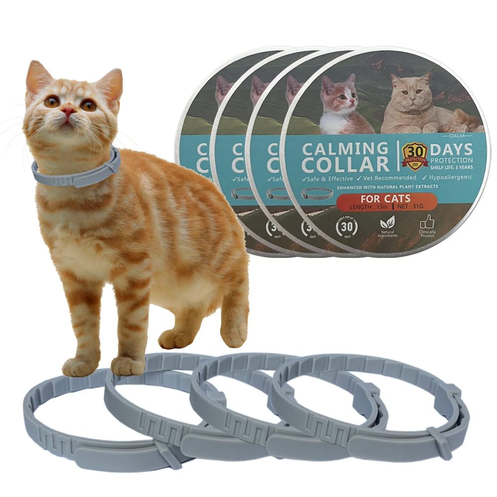 Hemasd Cat Calming Collar for Cats Pheromones Anxiety Relief Calming Collar Cat Relaxer 4 Pack, 60 Days of Calming Each Collar, Adjustable Size for All Cats (Grey)