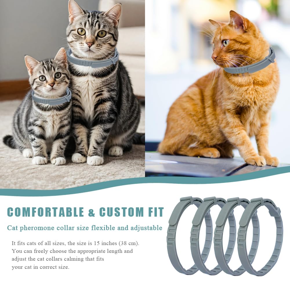 Hemasd Cat Calming Collar for Cats Pheromones Anxiety Relief Calming Collar Cat Relaxer 4 Pack, 60 Days of Calming Each Collar, Adjustable Size for All Cats (Grey)