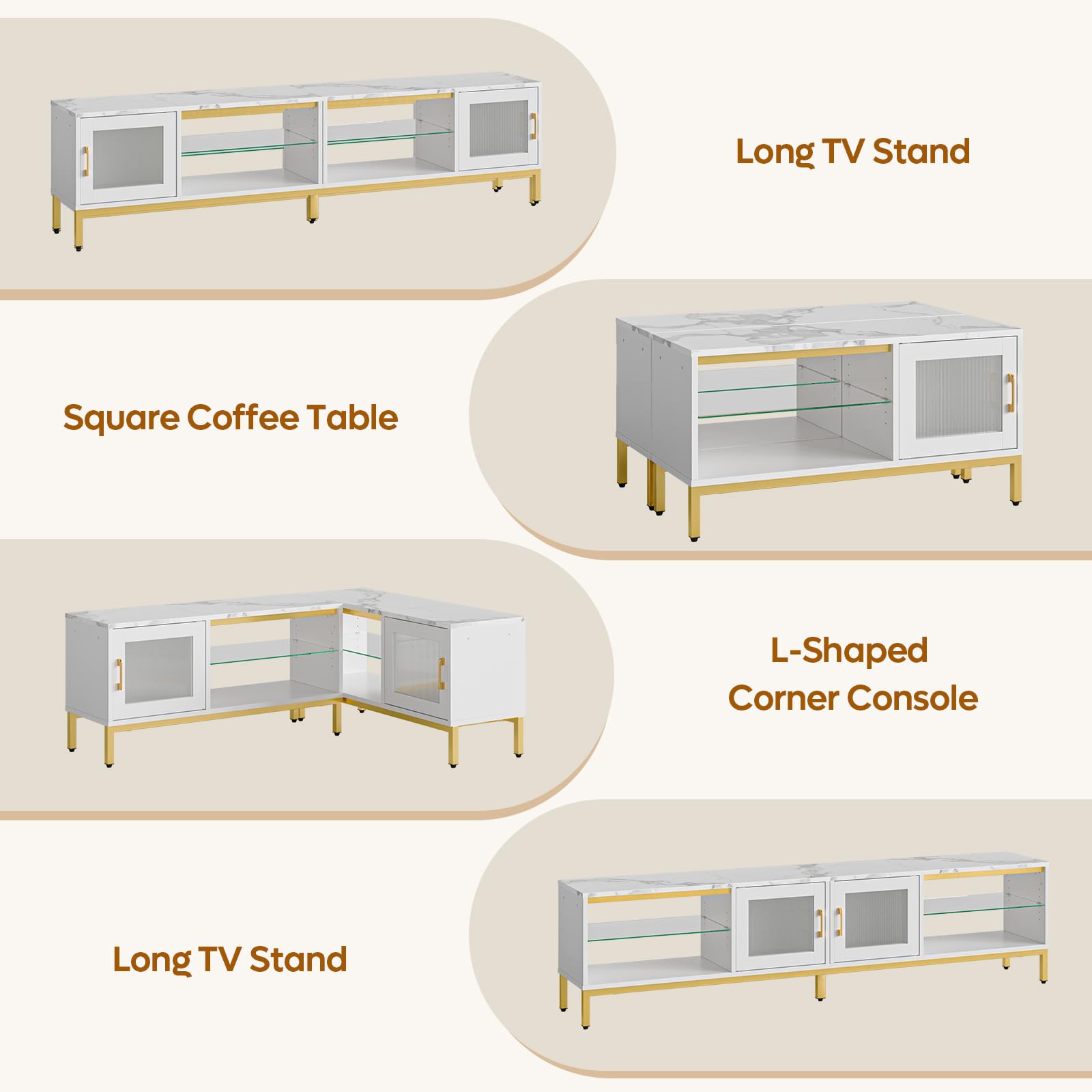 Bestier 80 inch TV Stand for TVs Up to 85", 4 in 1 Entertainment Center with LED Lights, Modern Media Console Table with Storage Cabinet & Adjustable Shelves, for Living Room Bedroom, White Marble