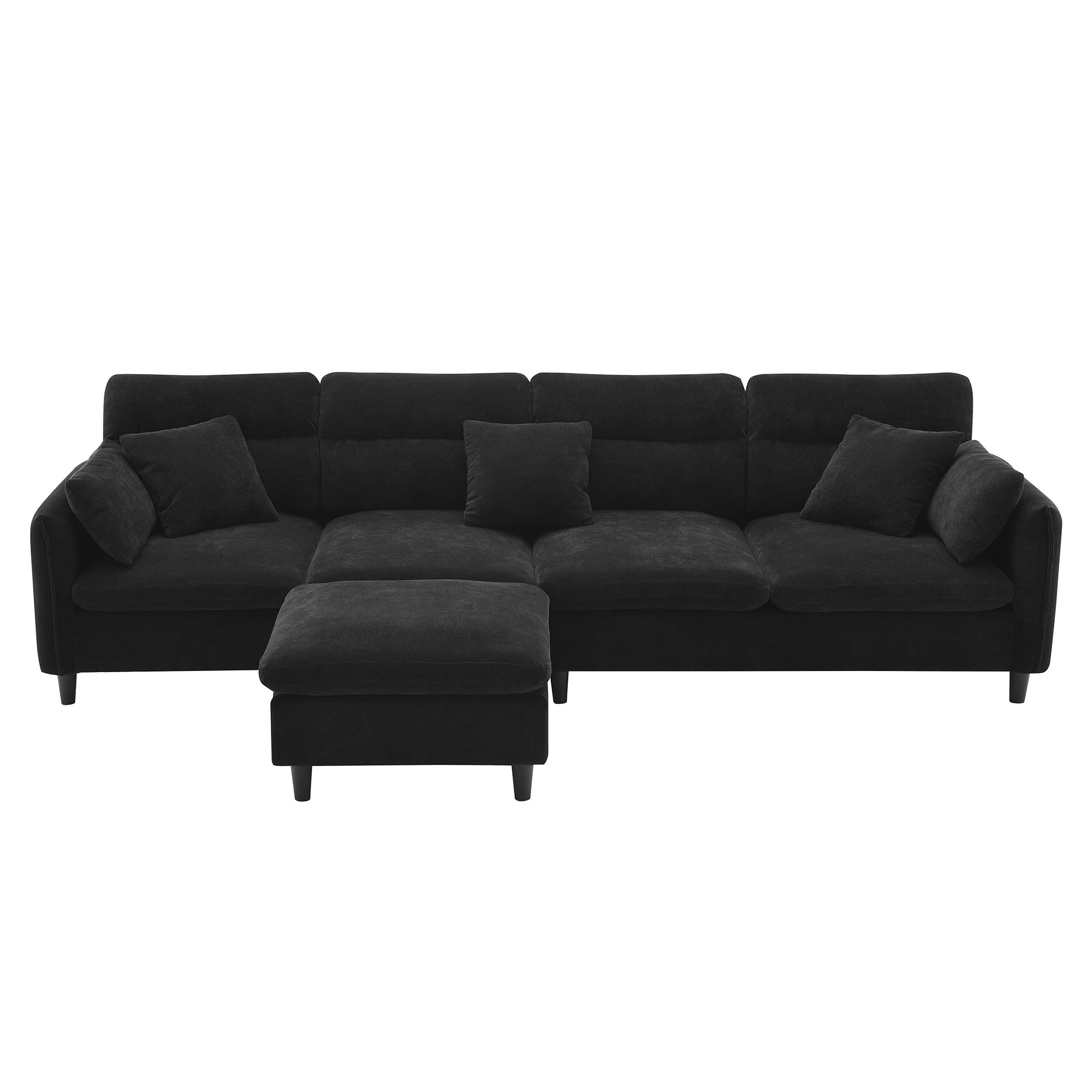 ONEMMLION L Shape Sectional Cloud Couches for Living Room, 110" Comfy Modular Sectional Sofa with Ottoman, Modern Fluffy Chenille 5-Seater Convertible Sofa Set with Chaise Lounge, Black