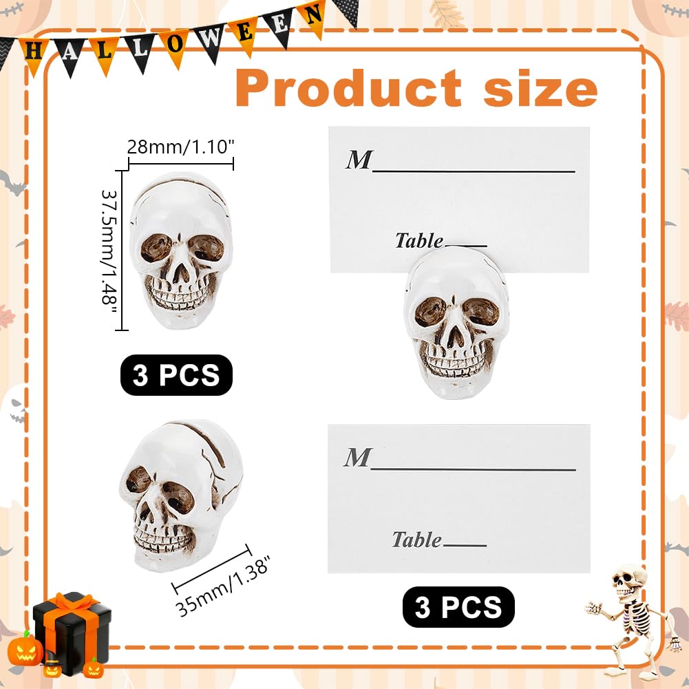 AHANDMAKER 3 pcs Skull Table Card Holder Clip for Cards on The Table Top Resin Skull Table Number Holder, Spooky Desktop for Party Graveyard Halloween Decoration