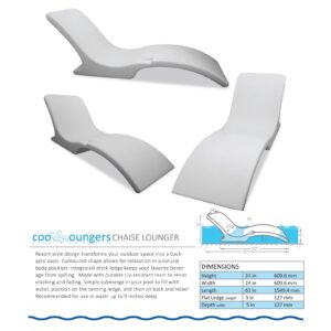 Cool Loungers in Pool Chaise Lounge Chairs Set of 2 with Hourglass Side Table for Baja Sun Tanning Shelf Ledge, Handy Cup Holder, Suitable for Use in Water up to 6 Inches Deep, White