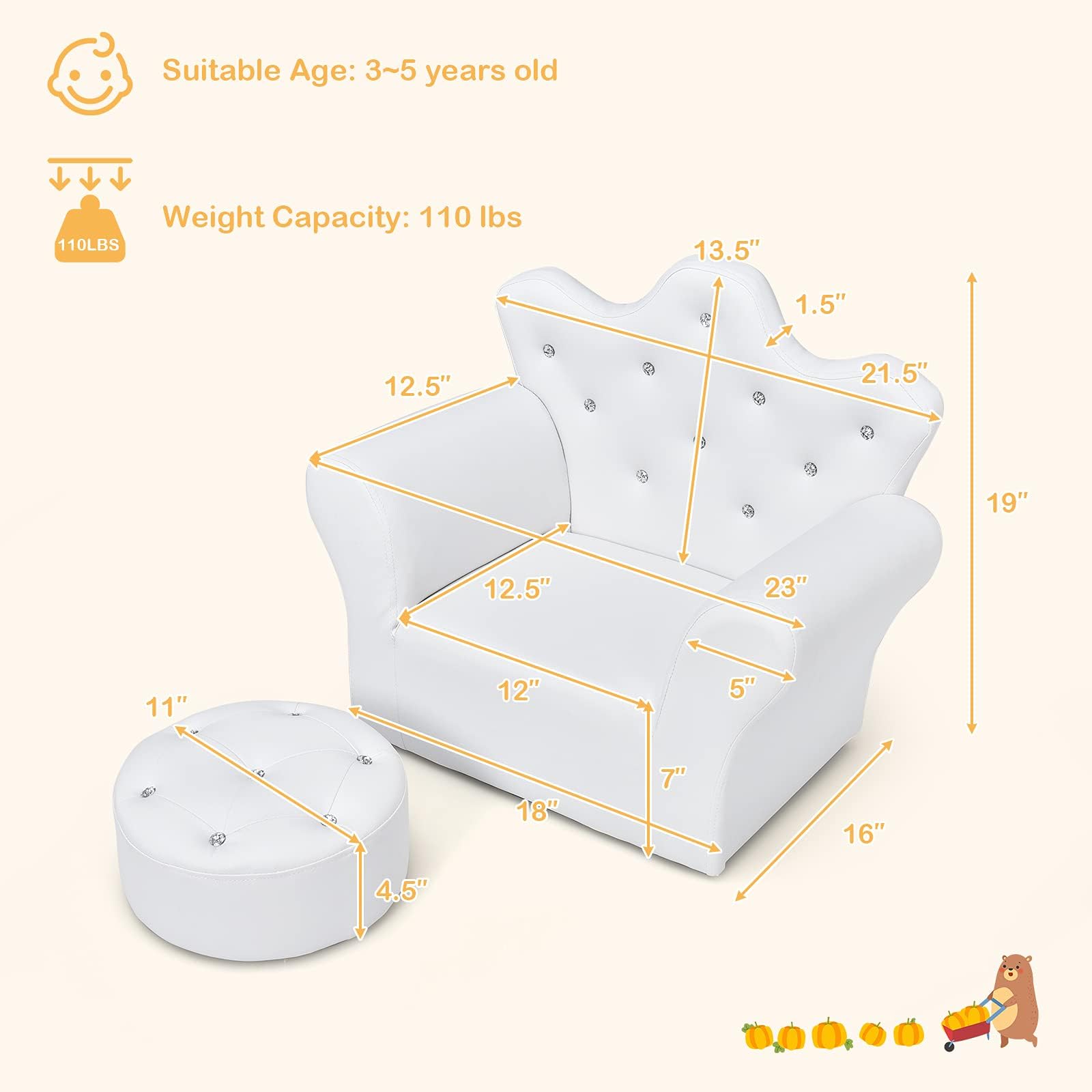 FIREFLOWERY Toddler Chair, Toddler Chairs Comfy, Princess Kids Couch with Ottoman, Toddler Couch with Wooden Frame and PVC Leather, Kids Sofa for Girls and Boys, Ideal for Bedroom, Living Room