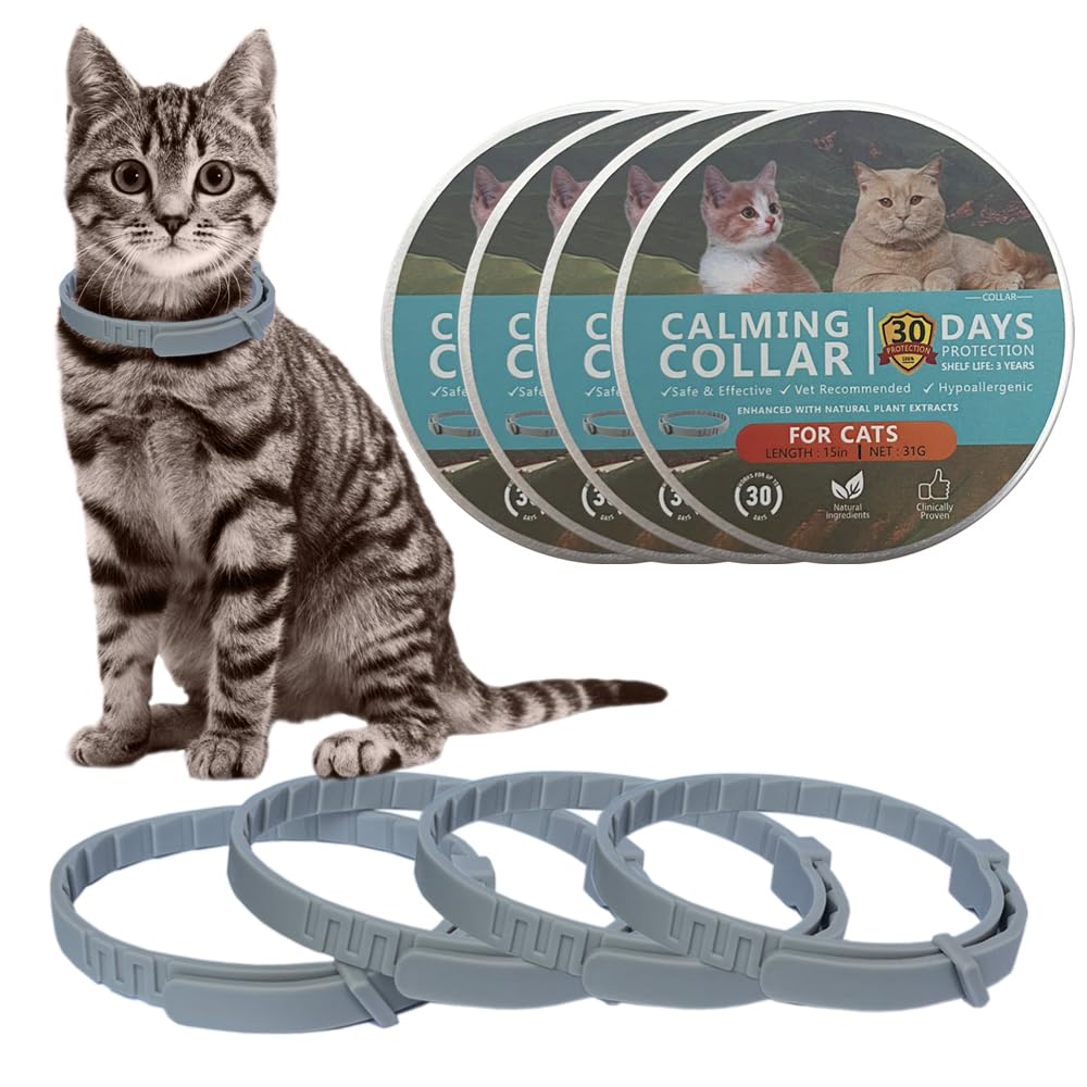 Hemasd Cat Calming Collar for Cats Pheromones Anxiety Relief Calming Collar Cat Relaxer 4 Pack, 60 Days of Calming Each Collar, Adjustable Size for All Cats (Grey)