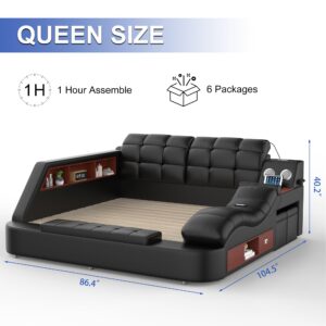 AF ARTISAN FURNITURE Queen Size Smart Multifuncional Bed Frame - Upholstered Leather Platform with Massage Recliner, Bluetooth Speaker, USB Charging, Storage Drawers, Strong Wooden Slats, Black