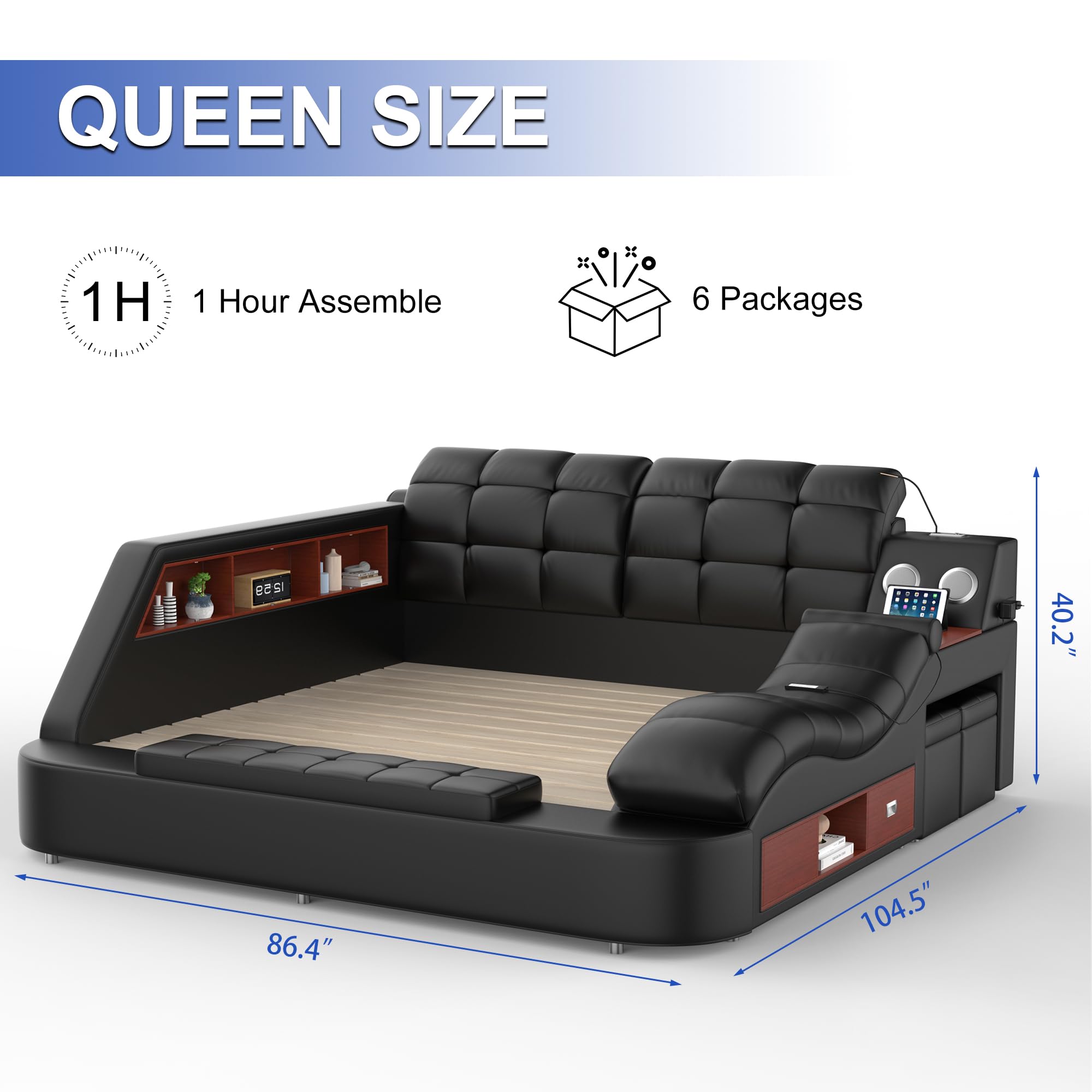 AF ARTISAN FURNITURE Queen Size Smart Multifuncional Bed Frame - Upholstered Leather Platform with Massage Recliner, Bluetooth Speaker, USB Charging, Storage Drawers, Strong Wooden Slats, Black