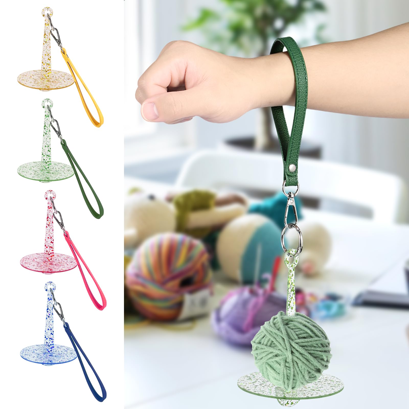 KTZCTPCA 4Pcs Wrist Yarn Holder, Wooden Yarn Holder with Wrist Strap, Detachable String Dispenser Yarn Ball Minder Crochet Wrist Holder Crochet Yarn Spinner for Knitting Crocheting Lover