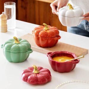 Pumpkin Dutch Oven Pot with Lid, Ceramic Pumpkin Pottery Dessert Saucepan with Handels, Cute Pumpkin Bowl Pumpkin Baking Dish (Orange)