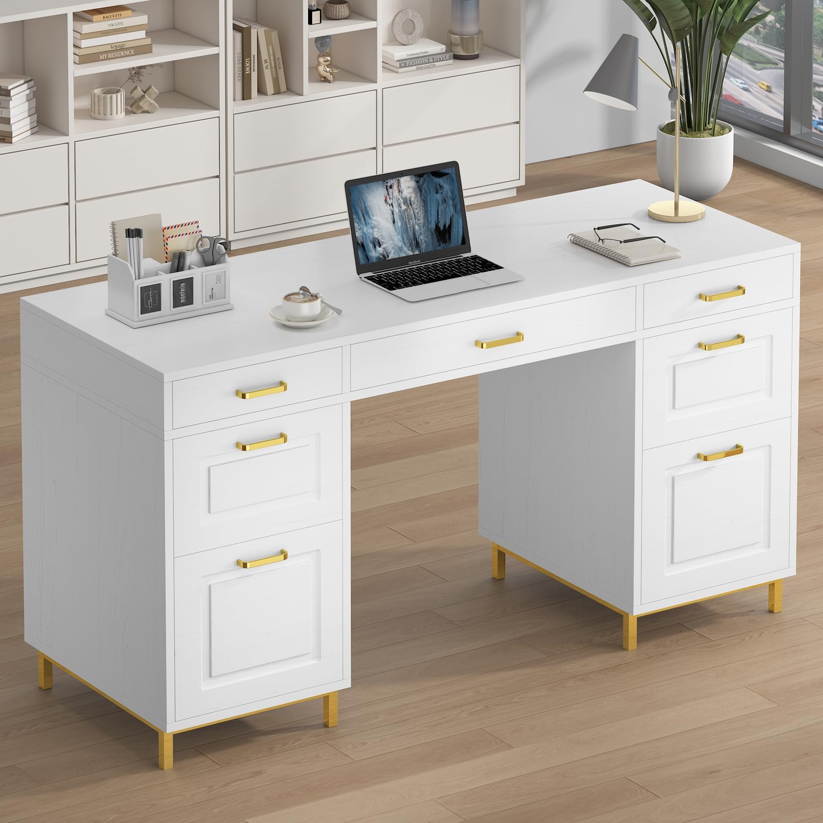 MaverickFurni 57” Executive Desk with 7 Drawers, White Office Desk with Storage Cabinet, File Drawer, Computer Desk for Home Office, Wood Writing Desk, White & Gold