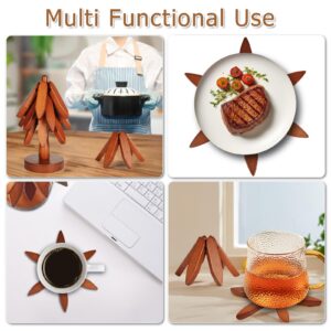 Wooden Trivets for Hot Dishes, Tree Shape Trivet Set, Foldable Kitchen Wooden Trivets, Tree Coaster for Hot Dishes、Pot、Bowl、teapot、hot Pot Holders (4 Piece-Walnut)