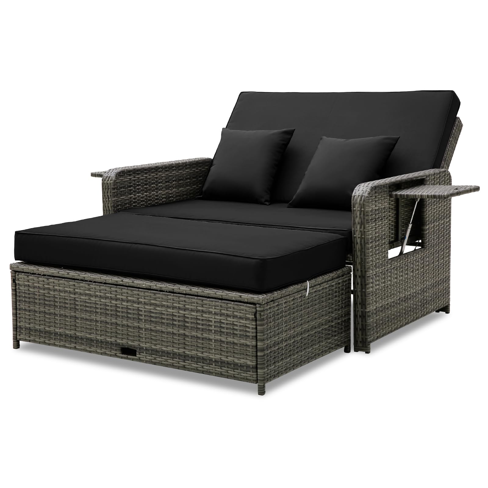 Tangkula Patio Rattan Daybed Set, Wicker Loveseat Sofa w/Multipurpose Ottoman & Retractable Side Tray, 4-Level Adjustable Backrest, Footstool w/Storage, Seat & Back Cushion Included