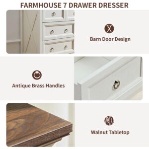 7 Drawer Dresser for Bedroom, 54" Farmhouse Dresser, Rustic Chest of Drawers, White Dresser with Barn Design, LargeTabletop & Antique Bronze Handles, Wood Dresser for Closet, Bedroom Dressers