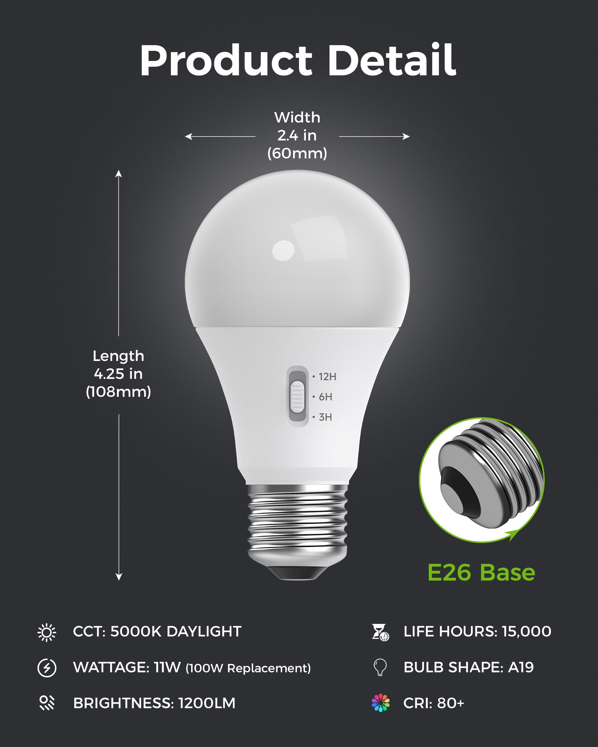 NEOROSS Timer Light Bulb, A19 Equivalent 100W LED Bulb, Built-in Automatic Timer, 11W 5000K Daylight White, 1200LM, E26 Base, Non-Dimmable, Auto On/Off for Outdoor & Indoor Security, 4 Pack