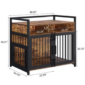 Dog Crate Furniture, 48" Heavy Duty Dog Kennel with 2 Drawers End Table, Double Doors, 360°and Adjustable Raised Feeder,Indoor Dog House End Table,Heavy Duty Dog Kennel for Large/Medium Dog Indoor