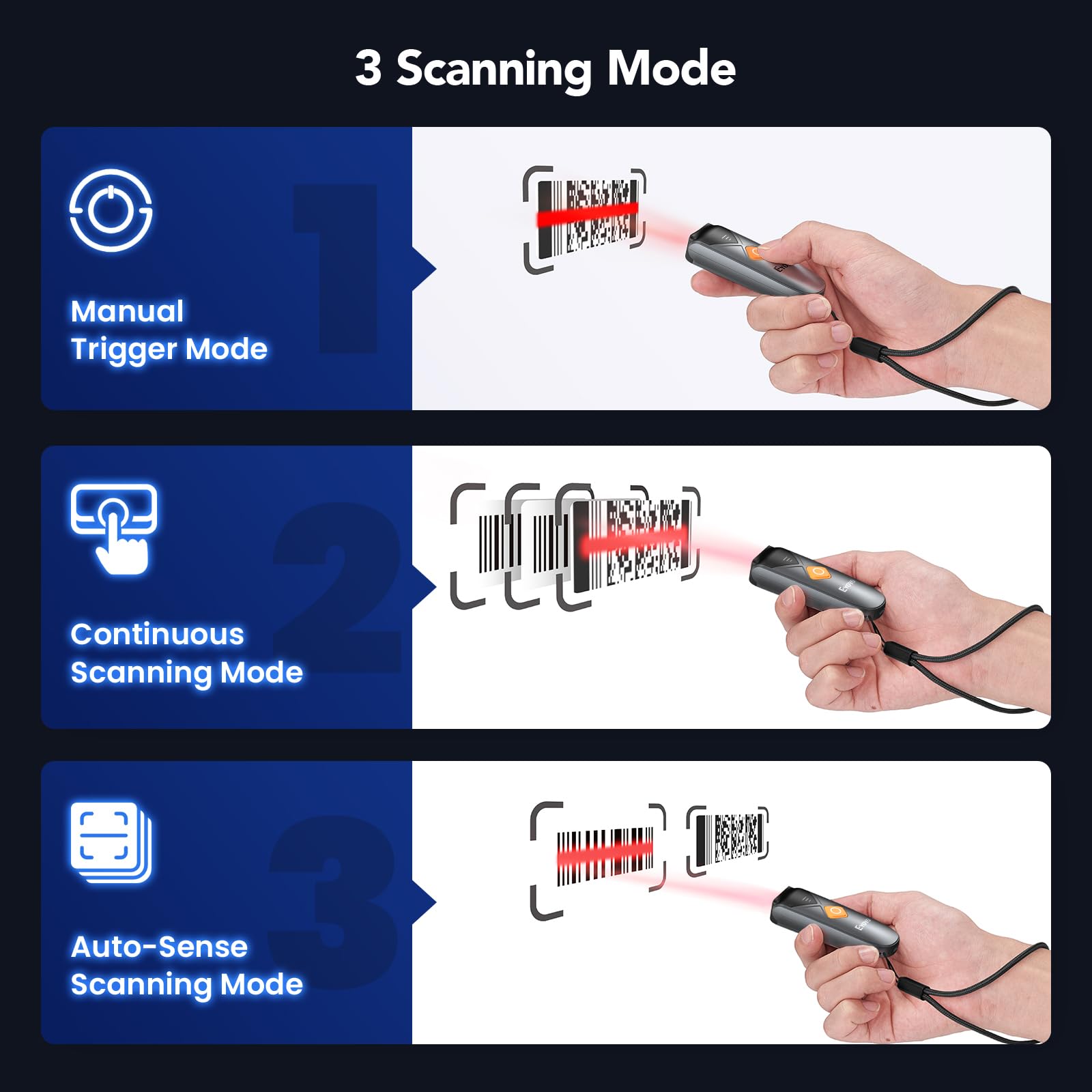 Eyoyo 2D Bluetooth Barcode Scanner with Lanyard, Portable Mini Barcode Reader, 3-in-1 Bluetooth/2.4G Wireless/USB Wired Connection QR Code Scanner, Compatible with iPad, Cell Phones, and Tablets