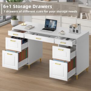 MaverickFurni 57” Executive Desk with 7 Drawers, White Office Desk with Storage Cabinet, File Drawer, Computer Desk for Home Office, Wood Writing Desk, White & Gold