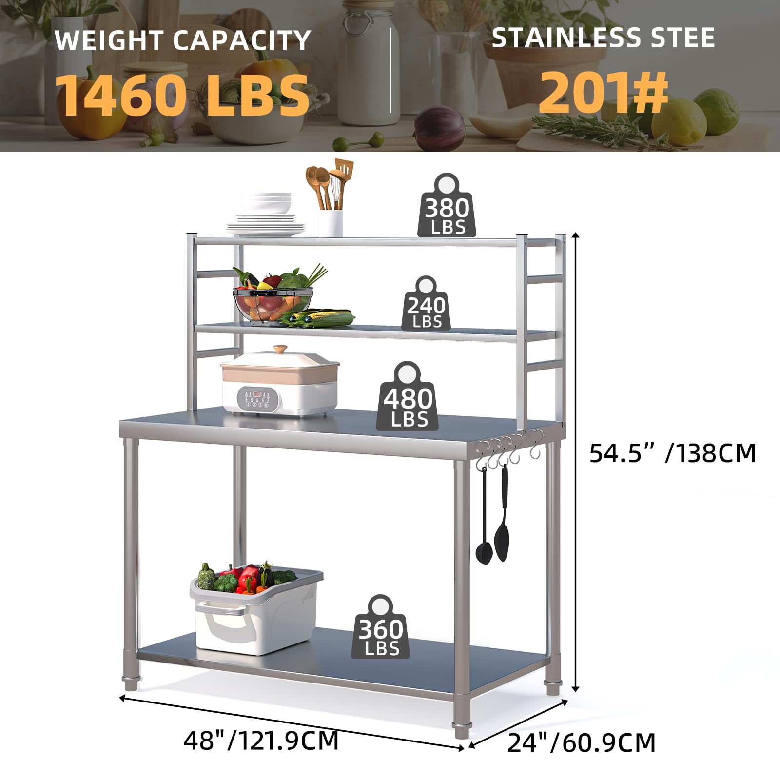 Stainless Steel Table 48×24 Inches Metal Work Table Undershelves and Overshelves, Commercial Workstations, Utility Table for Home Kitchen Restaurant Garage Laundry Room Outdoor