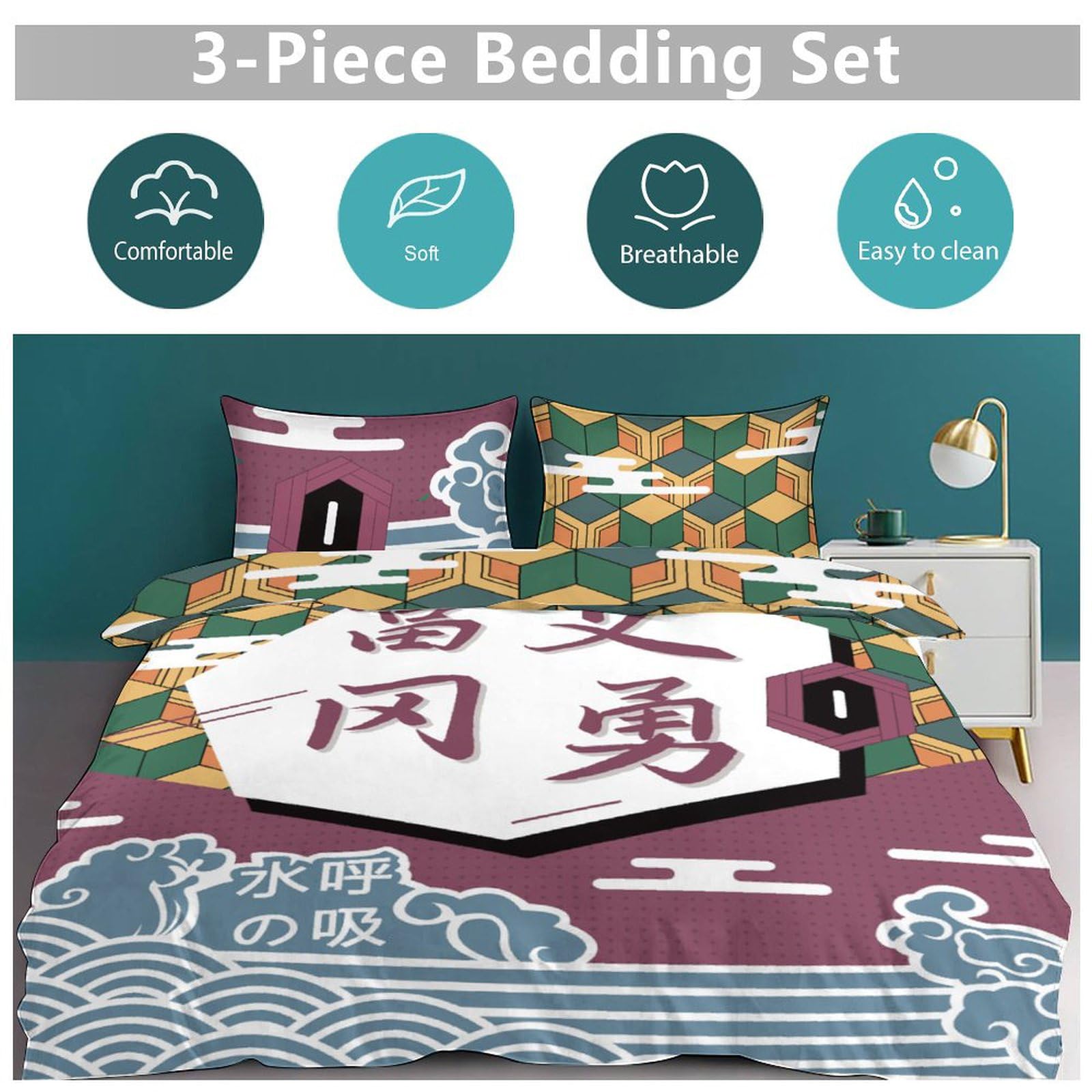 CHASLQM Anime Duvet Cover 3 pcs Bedding Set,Teen Anime Bedding Set Super Soft Duvet Cover Set with Pillowcase 60x86in with 20x30in