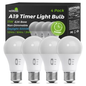 neoross timer light bulb, a19 equivalent 100w led bulb, built-in automatic timer, 11w 5000k daylight white, 1200lm, e26 base, non-dimmable, auto on/off for outdoor & indoor security, 4 pack