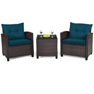 happygrill 3 pieces patio furniture set outdoor furniture rattan wicker chairs and table set, balcony porch conversation set with washable cushions & tempered glass coffee table (blue)