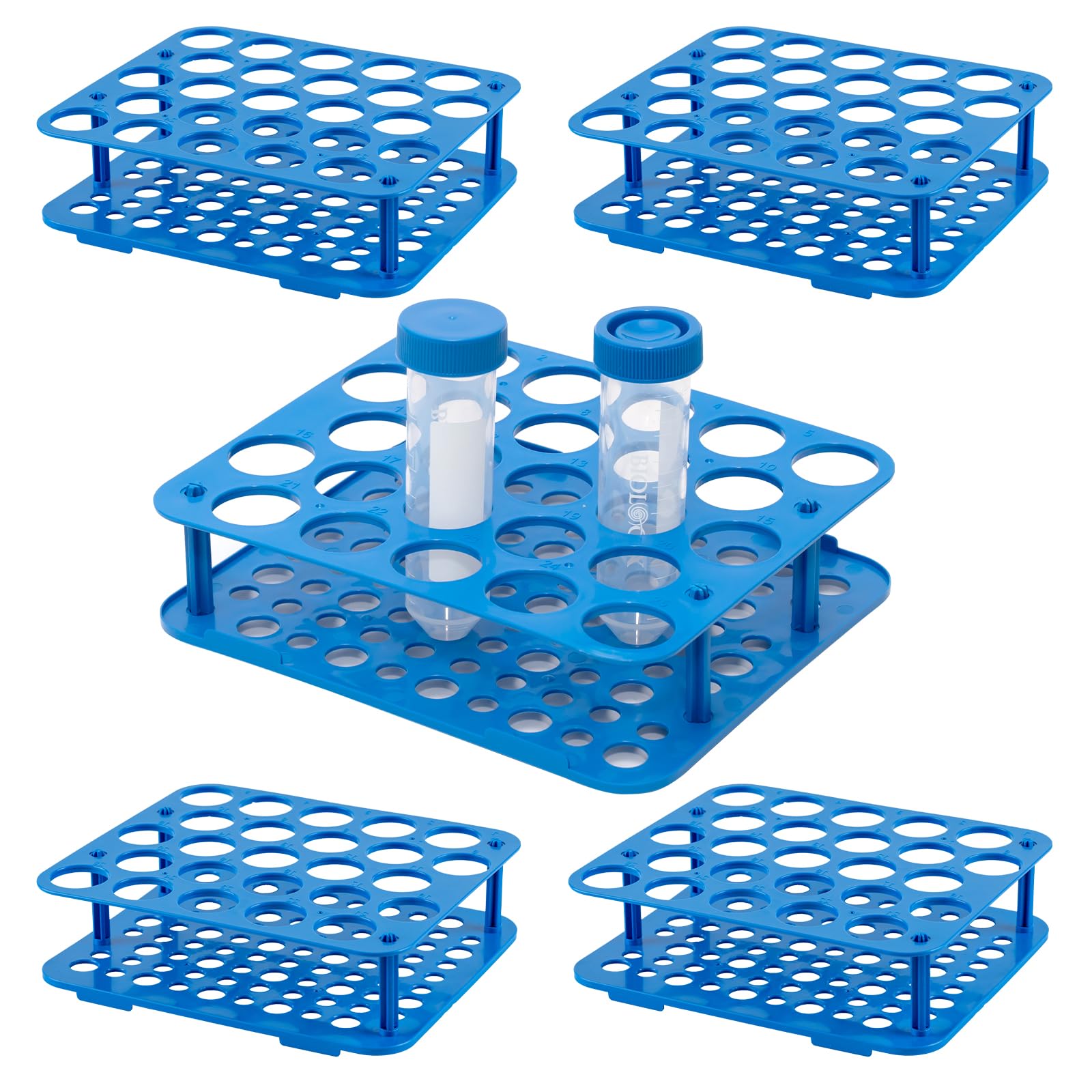 CryoKing 5PCS 25-Well Centrifuge Tube Rack for 50ml Vials, Plastic, Detachable Stand,Blue, Individual Package