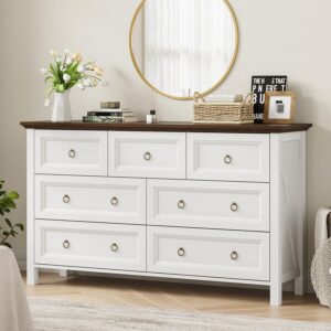 7 Drawer Dresser for Bedroom, 54" Farmhouse Dresser, Rustic Chest of Drawers, White Dresser with Barn Design, LargeTabletop & Antique Bronze Handles, Wood Dresser for Closet, Bedroom Dressers