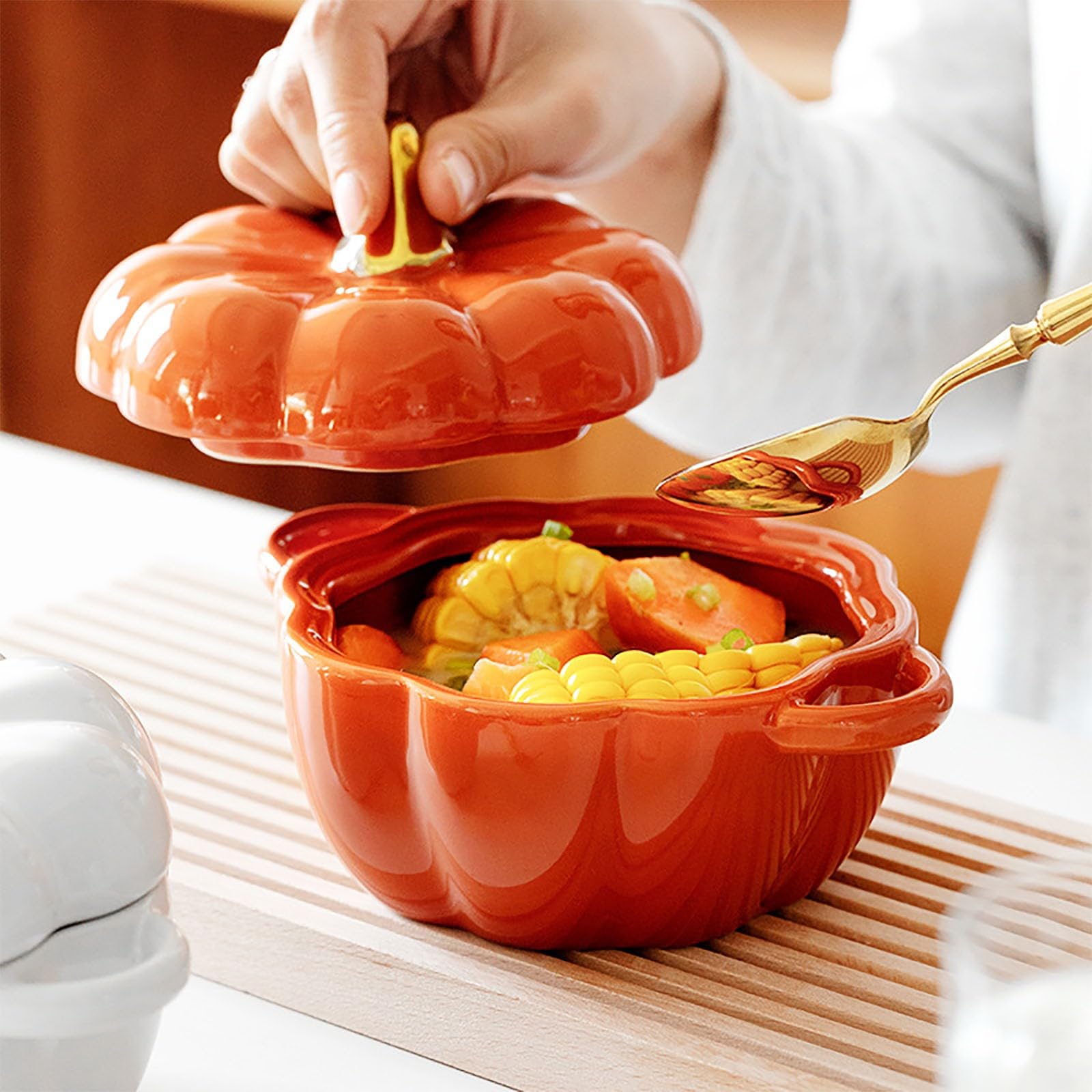 Pumpkin Dutch Oven Pot with Lid, Ceramic Pumpkin Pottery Dessert Saucepan with Handels, Cute Pumpkin Bowl Pumpkin Baking Dish (Orange)