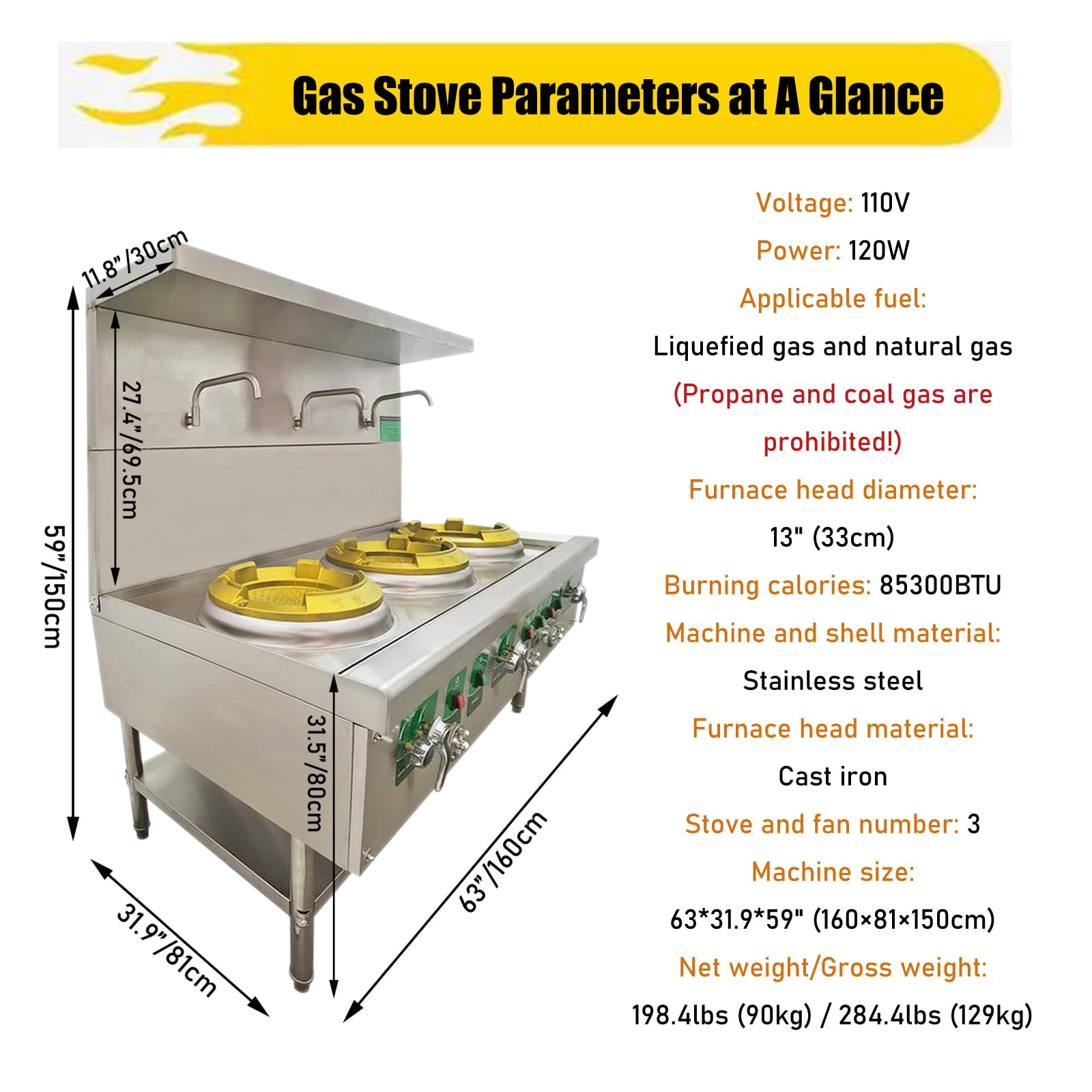 INTSUPERMAI Commercial Gas Wok Stove Commercial Upgraded Three-Burner Gas Stove 85300BTU LPG and Natural Gas Chamber Stove Stainless Steel Chinese Wok Range with Safe Baffle, 3 Stove Heads 110V