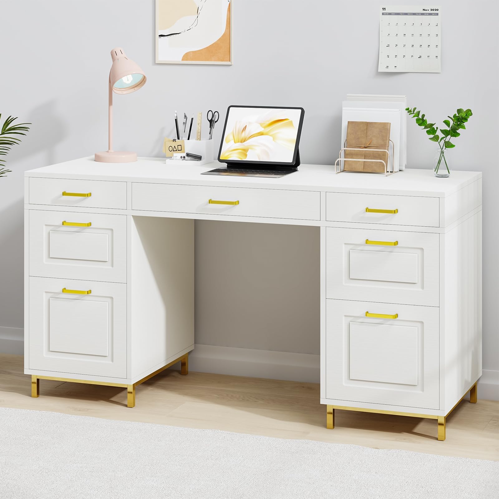 MaverickFurni 57” Executive Desk with 7 Drawers, White Office Desk with Storage Cabinet, File Drawer, Computer Desk for Home Office, Wood Writing Desk, White & Gold