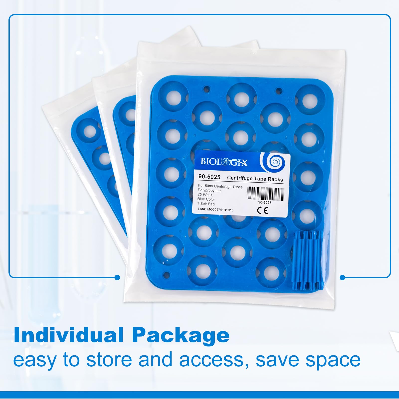 CryoKing 5PCS 25-Well Centrifuge Tube Rack for 50ml Vials, Plastic, Detachable Stand,Blue, Individual Package