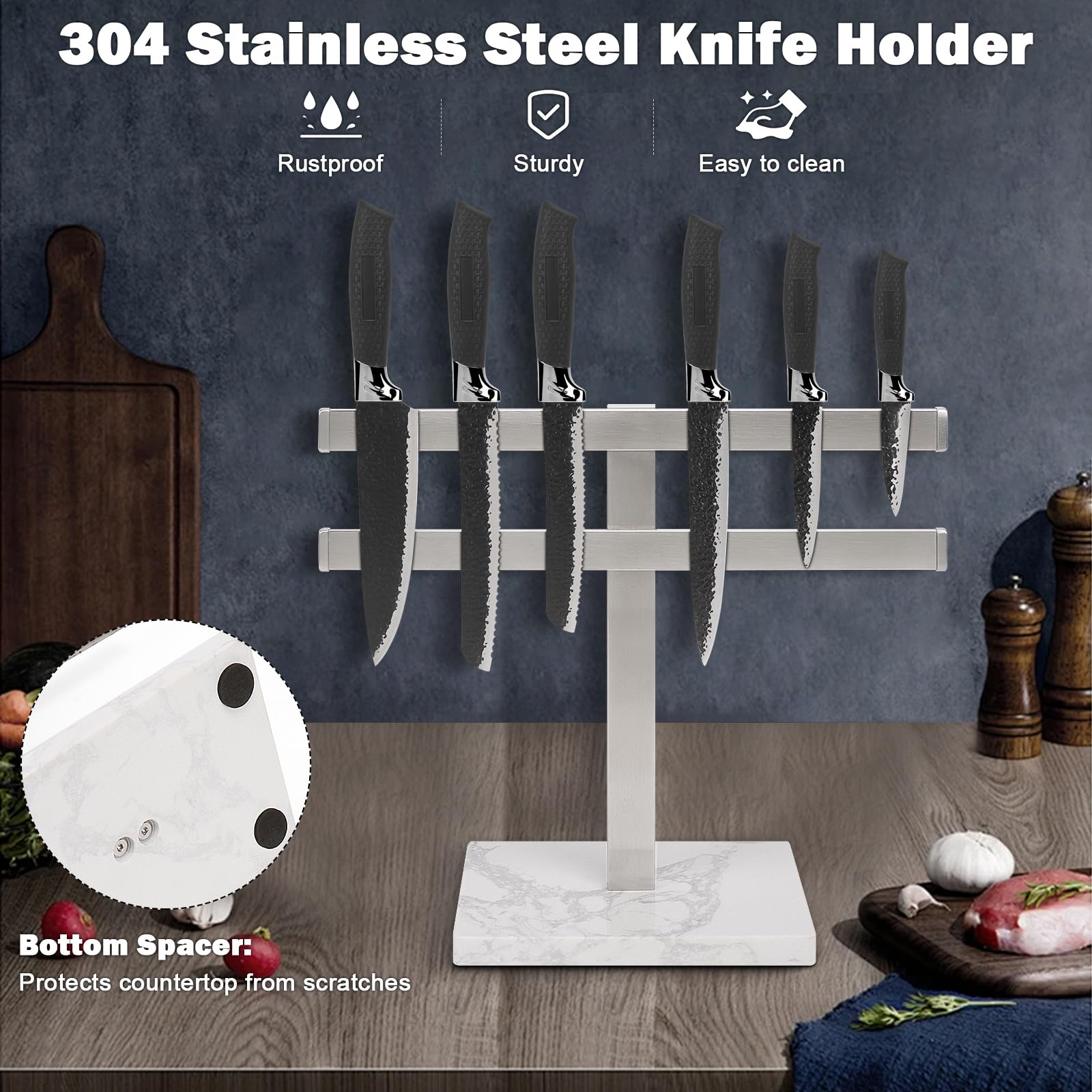 BathAce Magnetic Knife Block Holder Stand with Marble Base for Countertop, Stainless Steel Knife Rack with Strong Enhanced Magnets Strip for Kitchen Utensil and Tool Organizers, Brushed Nickel