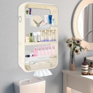 HOLMZCED Wall Storage Rack with Open Storage, Floating Cosmetics Rack with Large Capacity Wall Mounted Storage Shelf with Tissue Hole 4 Tiers Makeup Organizer with Hooks Beige for Bathroom Bedroom