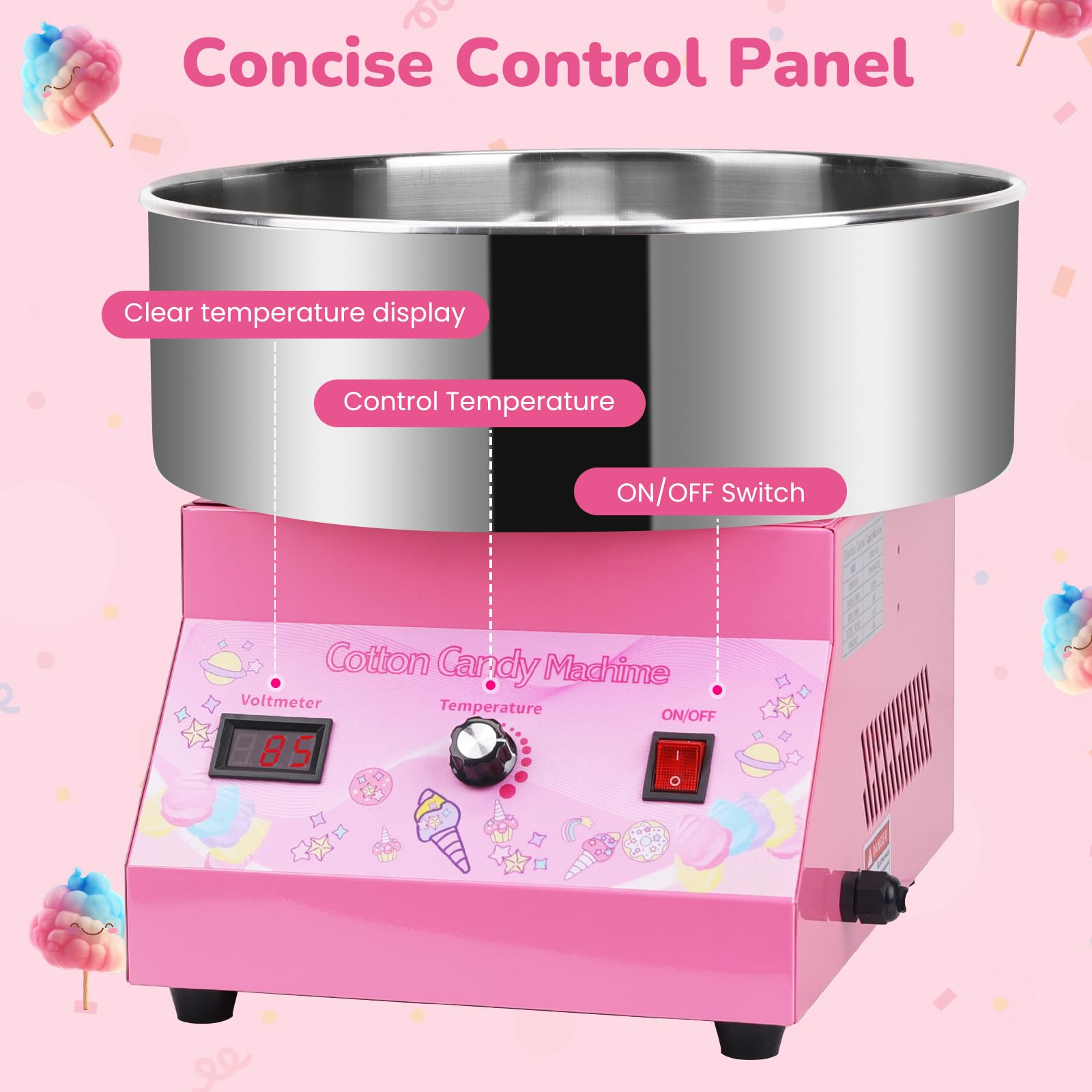 HRIOSN Cotton Candy Machine Commercial Cotton Candy Machine With Stainless Steel Construction Easy-to-Use Controls Cotton Candy Maker For Endless Cotton Candy,Pink