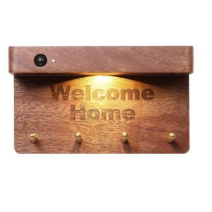 Wooden Key Holder with Motion Sensor light, Wall-Mounted Light Key Holder, Decorative Key Hanging Rack with 4 Hooks – Easy Install Wall Key Holder Light Shelf for Home Entryway Decor (Dark Brown)