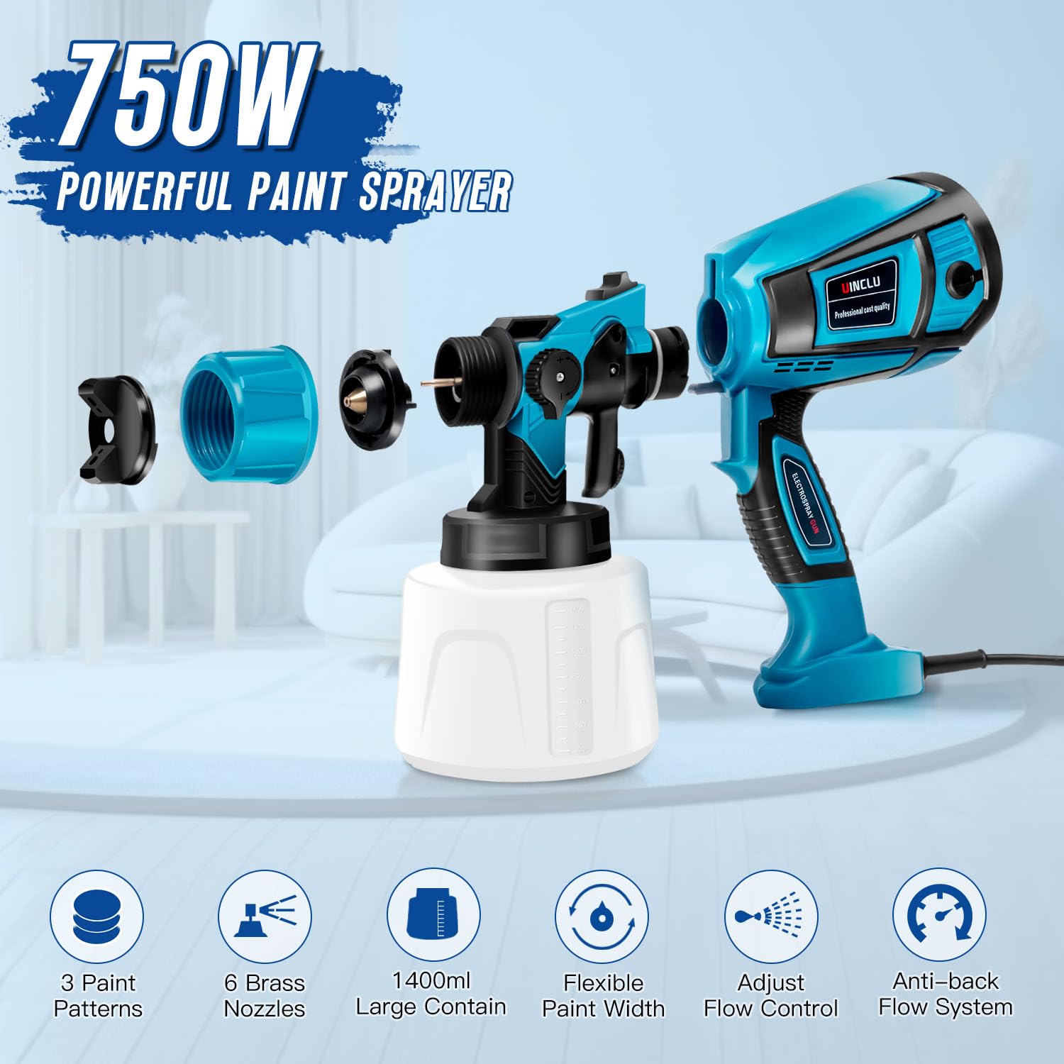 Paint Sprayer, 750W Electric Spray Gun with 1400ML Container, 6 Nozzles & 3 Patterns, Professional Adjustable Atomization Width, for Furniture, Fence, Walls, Door, Garden Chairs etc