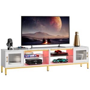 Bestier 80 inch TV Stand for TVs Up to 85", 4 in 1 Entertainment Center with LED Lights, Modern Media Console Table with Storage Cabinet & Adjustable Shelves, for Living Room Bedroom, White Marble