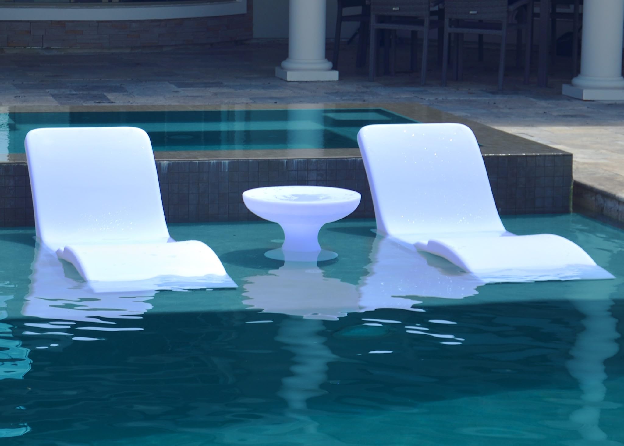 Cool Loungers in Pool Chaise Lounge Chairs Set of 2 with Hourglass Side Table for Baja Sun Tanning Shelf Ledge, Handy Cup Holder, Suitable for Use in Water up to 6 Inches Deep, White