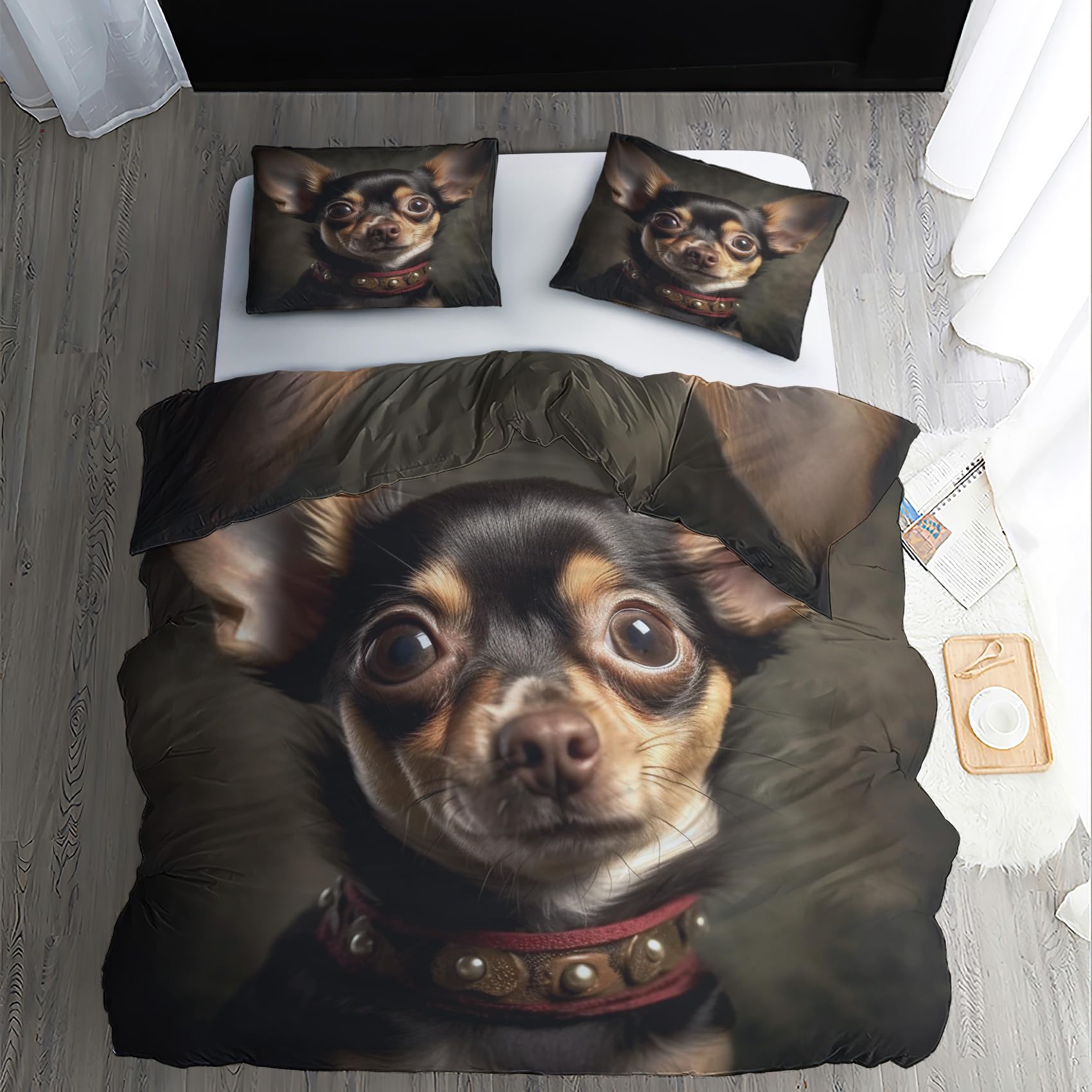 FJWXCBD Chihuahua Duvet Cover Full Size, Cute Puppy Pattern Bedding Set 3 Piece for Bedroom Decor, Pet Dog Duvet Cover & 2 Pillow Shams, with Zipper & Ties, Super Soft Microfiber