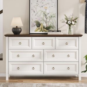 7 drawer dresser for bedroom, 54" farmhouse dresser, rustic chest of drawers, white dresser with barn design, largetabletop & antique bronze handles, wood dresser for closet, bedroom dressers