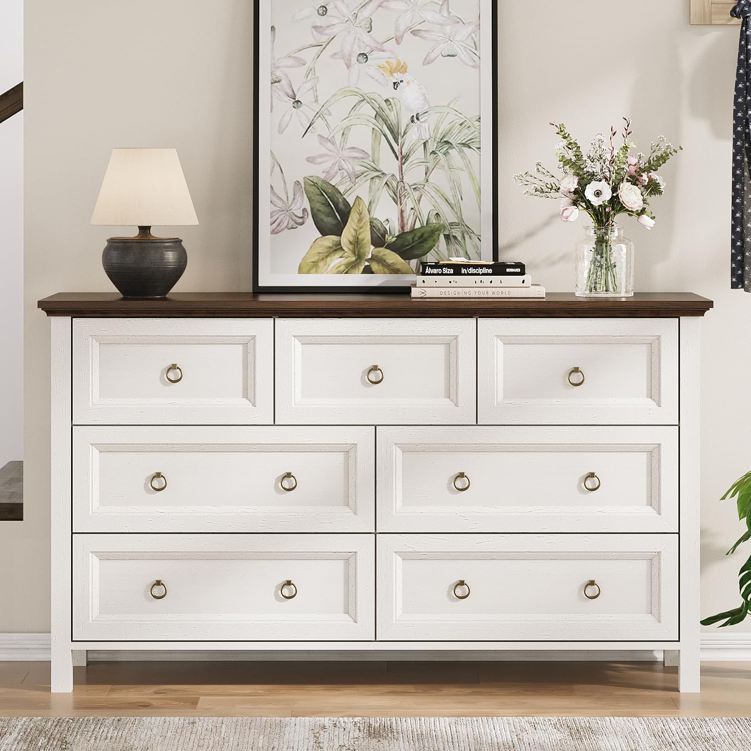 7 Drawer Dresser for Bedroom, 54" Farmhouse Dresser, Rustic Chest of Drawers, White Dresser with Barn Design, LargeTabletop & Antique Bronze Handles, Wood Dresser for Closet, Bedroom Dressers