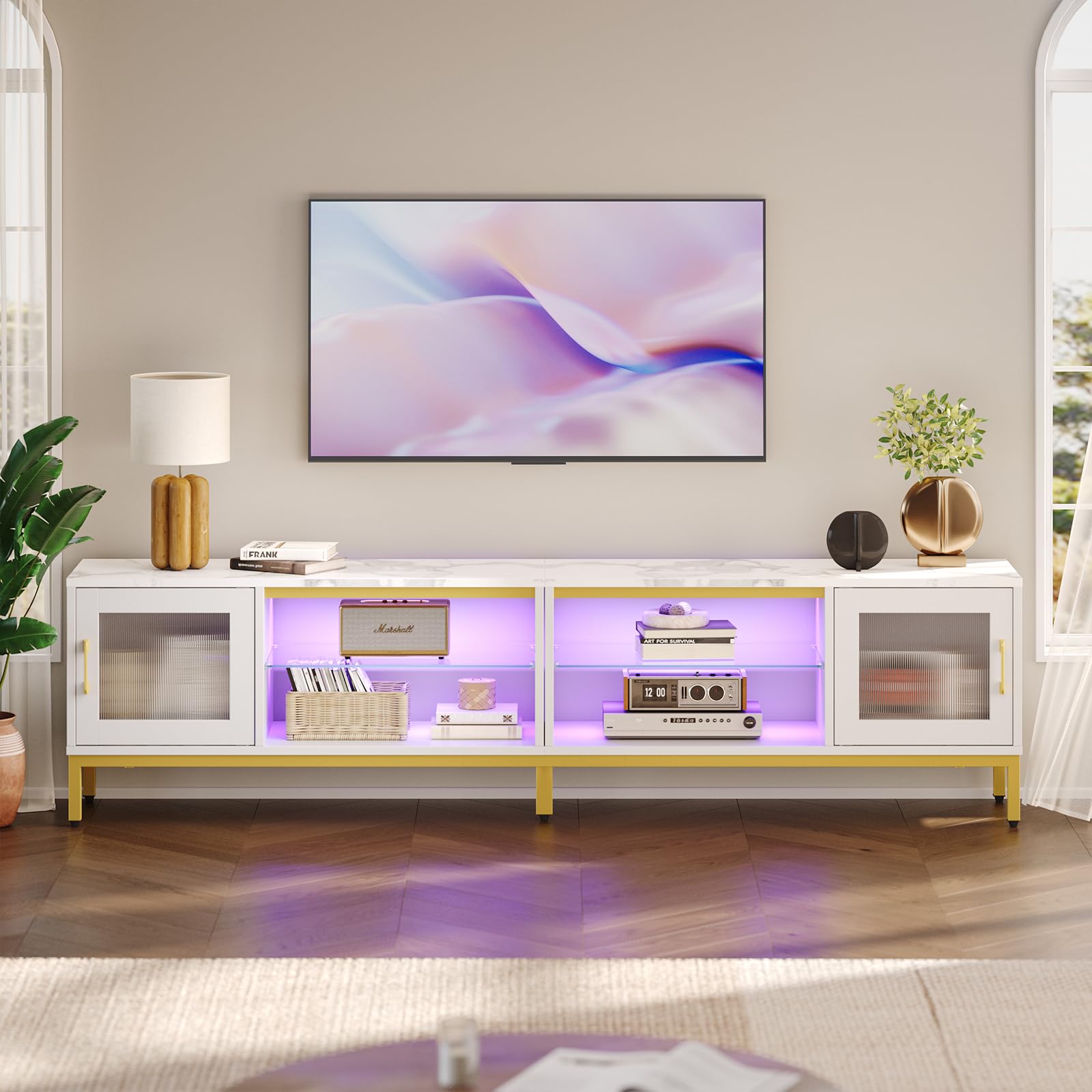 Bestier 80 inch TV Stand for TVs Up to 85", 4 in 1 Entertainment Center with LED Lights, Modern Media Console Table with Storage Cabinet & Adjustable Shelves, for Living Room Bedroom, White Marble