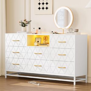 patikuin 8 deep drawer white dresser for bedroom with charging station and led lights, 59" tv dresser wooden large long dresser, modern chest of drawers storage organizer for closet, living room