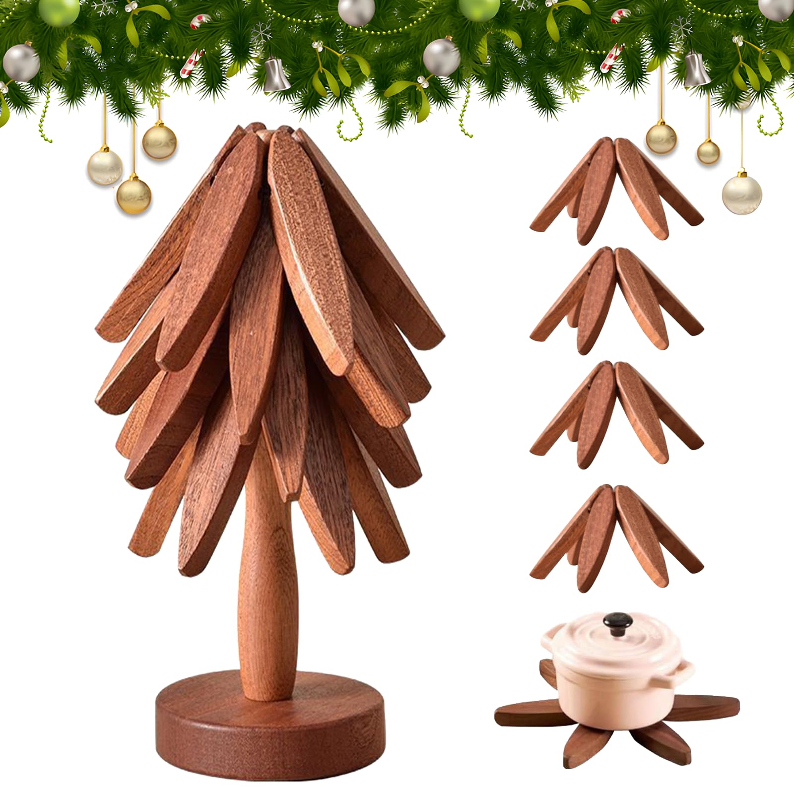 Wooden Trivets for Hot Dishes, Tree Shape Trivet Set, Foldable Kitchen Wooden Trivets, Tree Coaster for Hot Dishes、Pot、Bowl、teapot、hot Pot Holders (4 Piece-Walnut)