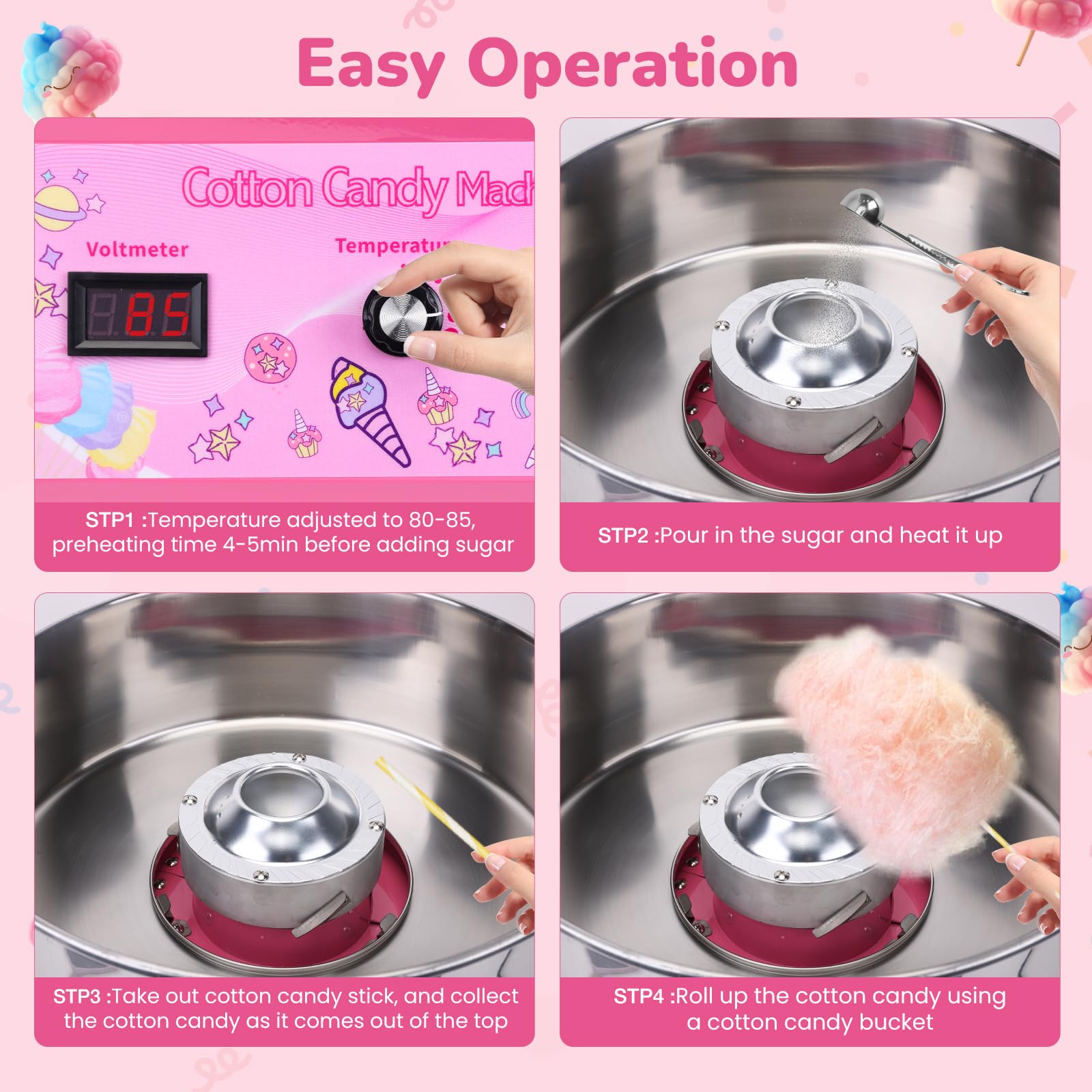 HRIOSN Cotton Candy Machine Commercial Cotton Candy Machine With Stainless Steel Construction Easy-to-Use Controls Cotton Candy Maker For Endless Cotton Candy,Pink