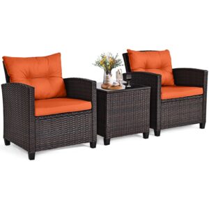 RELAX4LIFE 3 Piece Patio Furniture Set, Wicker Bistro Conversation Set w/2 Cushioned Armchairs & Glass Topped Table, Outdoor Rattan Sofa Set Patio Furniture for Porch Balcony Poolside (Orange)