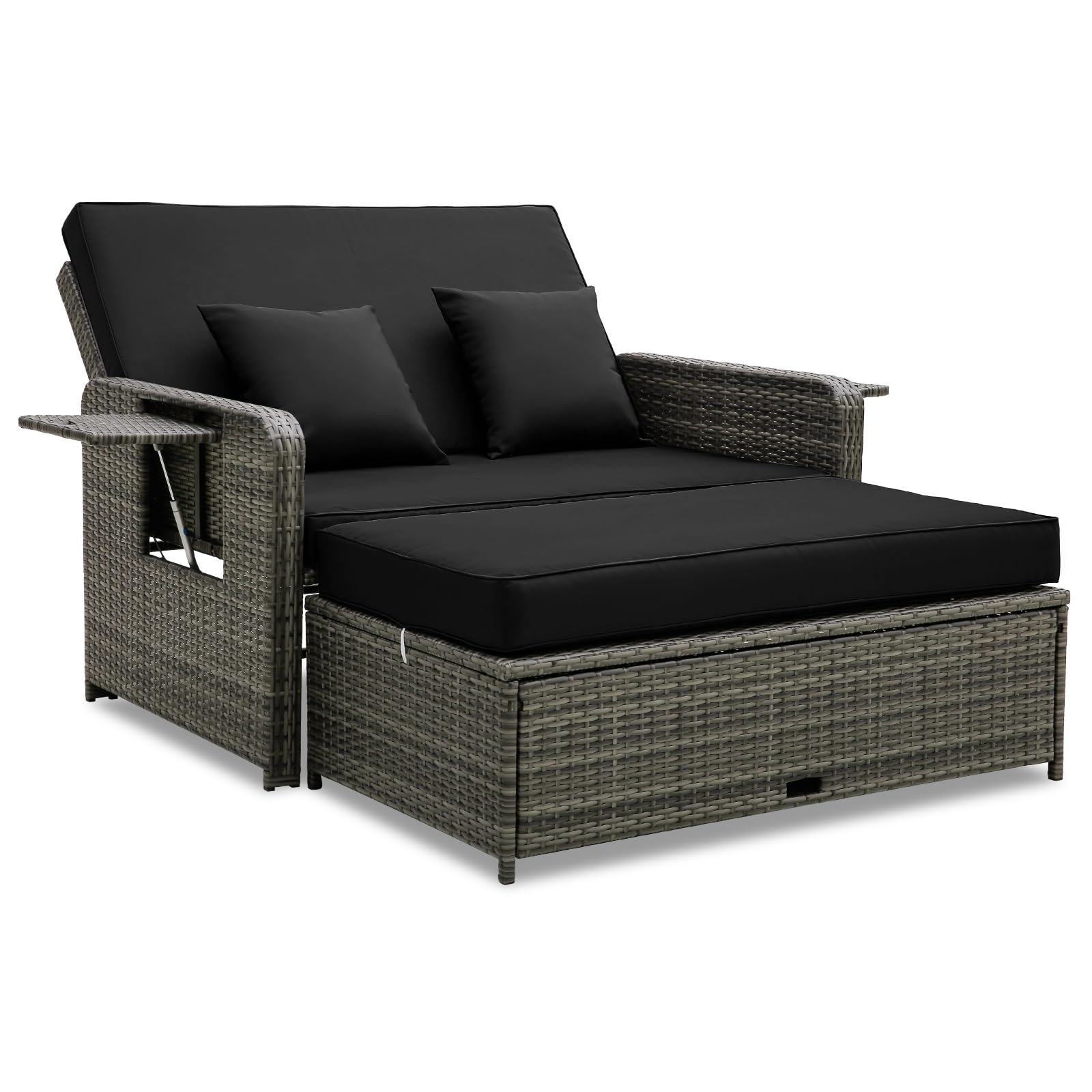 RELAX4LIFE Wicker Patio Outdoor Daybed - Rattan Day Bed Lounger w/Loveseat & Storage Ottoman, Sunbed Sofa Set w/Cushions, 4-Level Adjustable Backrest & 2 Retractable Trays, Patio Daybed (Black-Grey)