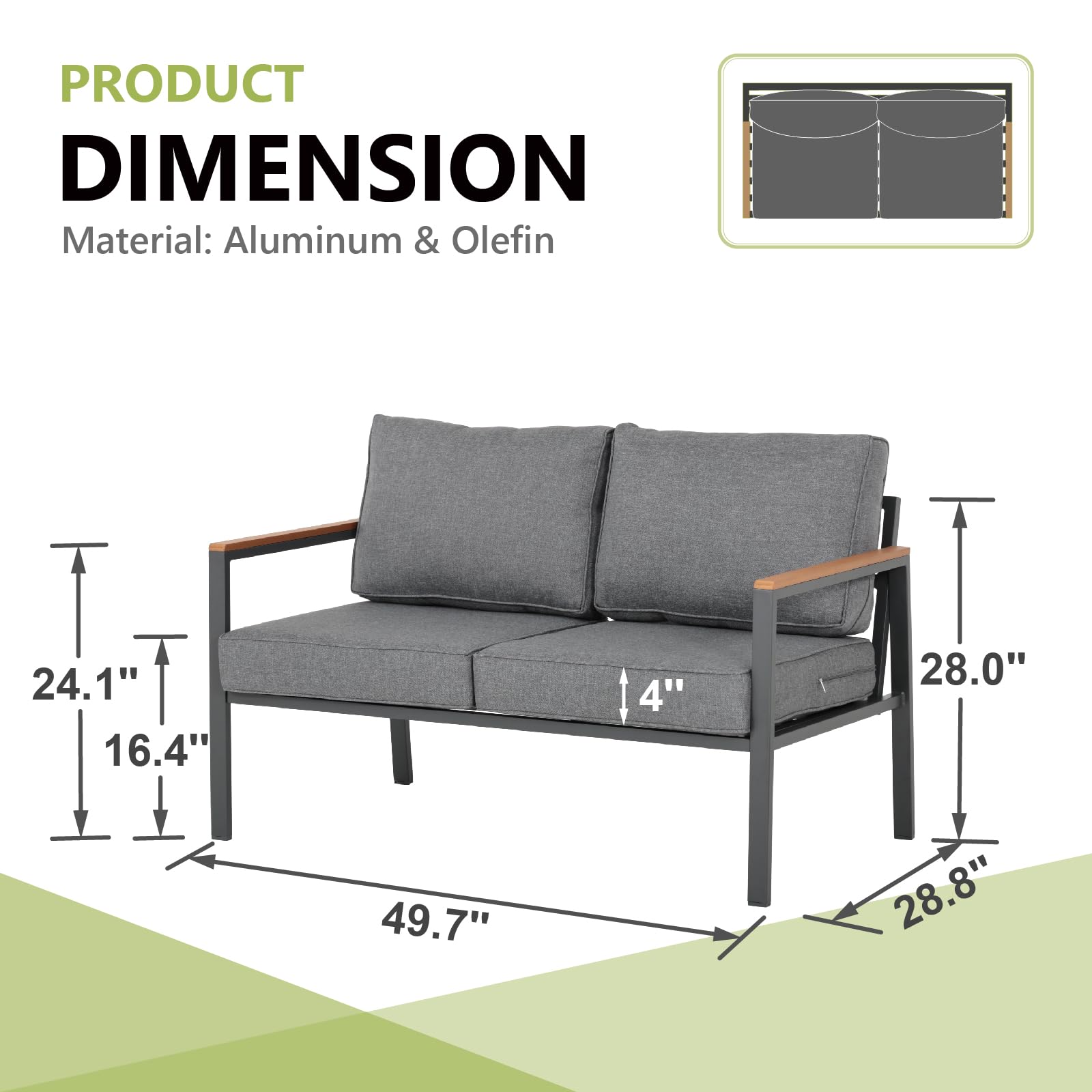 Olaterior Aluminum Outdoor Loveseat, Patio Loveseat, All-Weather 2 Seats Sofa Couch, Modern Metal Chair with Olefin Cushions, Patio Furniture Sofa for Deck, Backyard, Garden, Grey