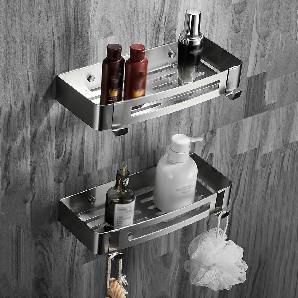 Bathroom Shelves Shower Caddy with 2 Movable Hooks, Adhesive Hanging Shower Shelf, No Drilling Stainless Steel Shower Shelf, Wall Mounted Bathroom Organizers and Storage Shower Caddy(Mirror Finish)